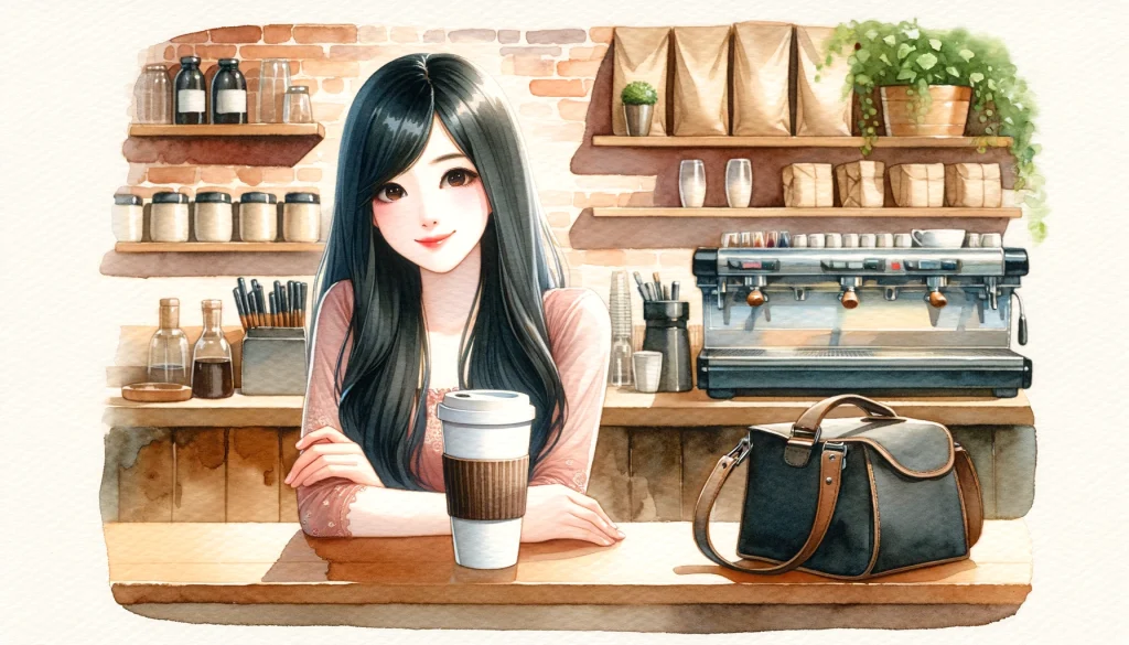 リユーザブルカップ、コーヒー、カフェ、美少女、黒髪、日本人