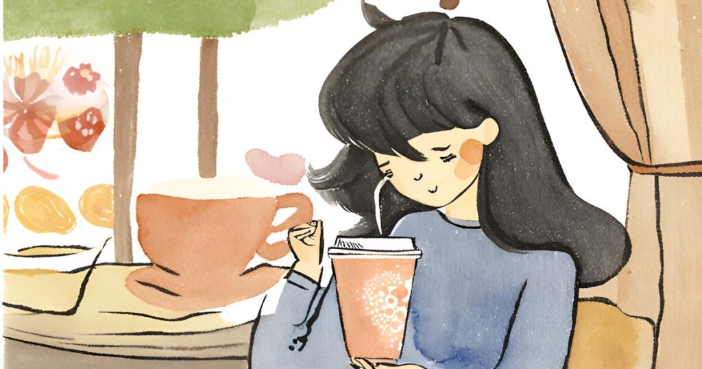 リユーザブルカップ、コーヒー、カフェ、美少女、黒髪、日本人